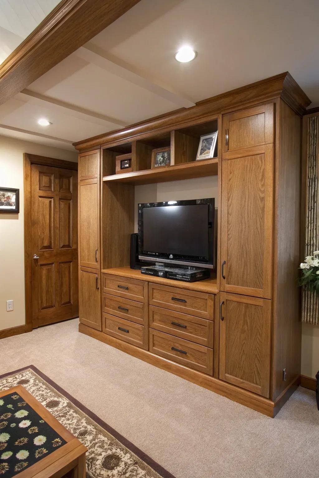 A fitted aesthetic integrates the TV seamlessly into the decor
