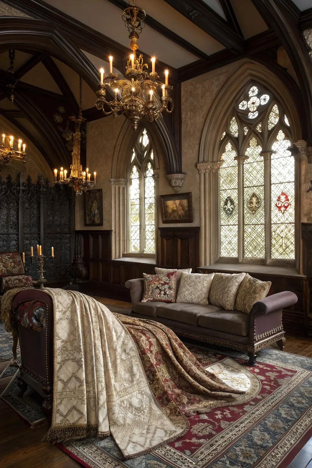 Layered textiles introduce texture and richness.