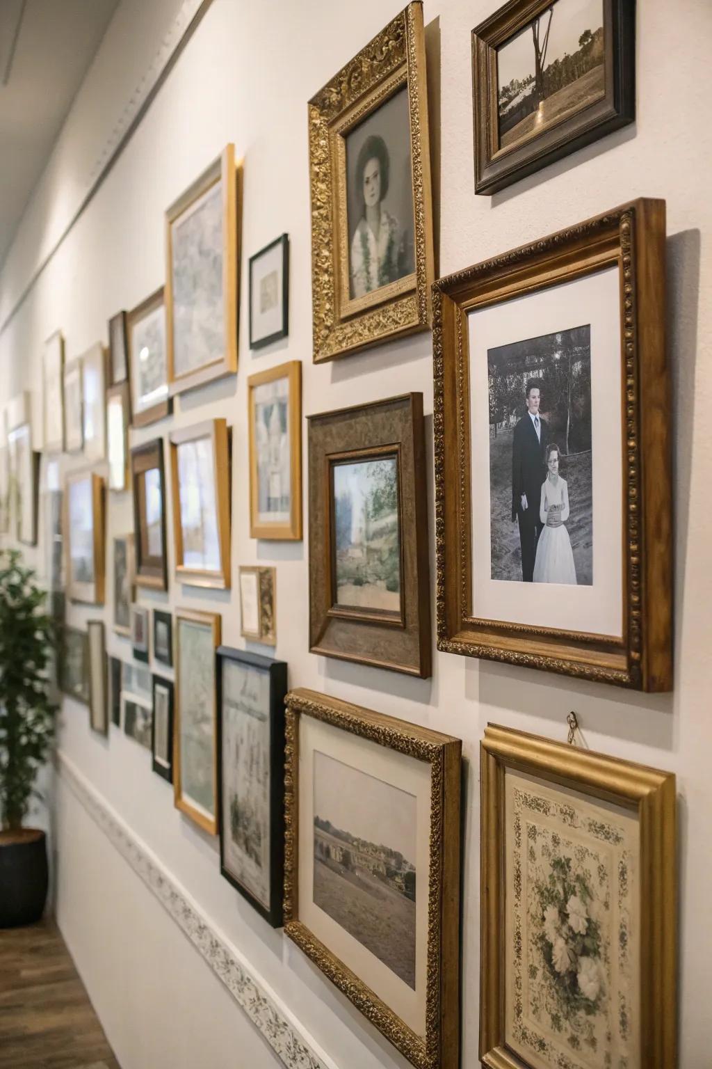 Vintage frames craft eclectic gallery walls.