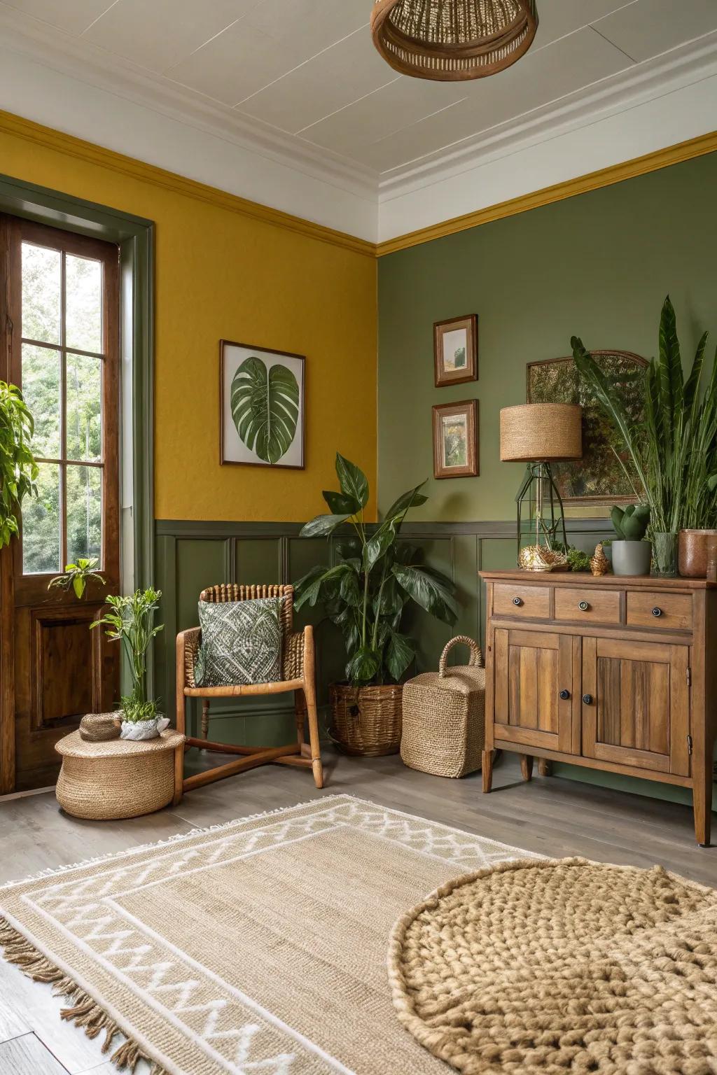 Earthy and welcoming featuring olive verdant walls and mustard trim.