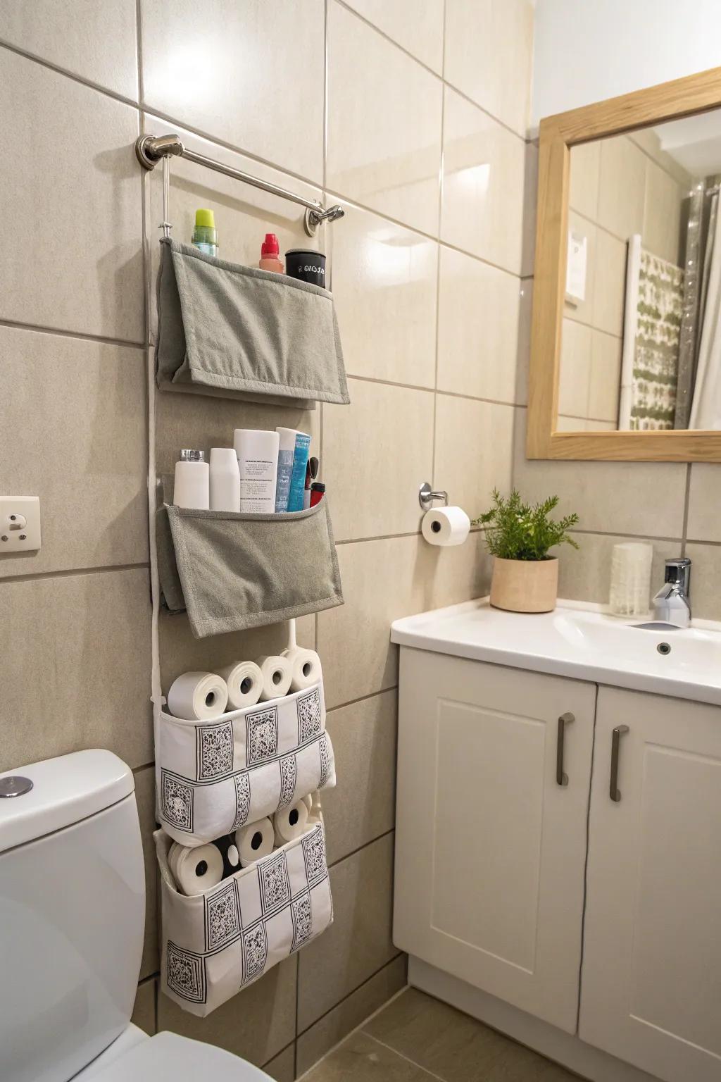 Add personality with DIY fabric storage pockets.