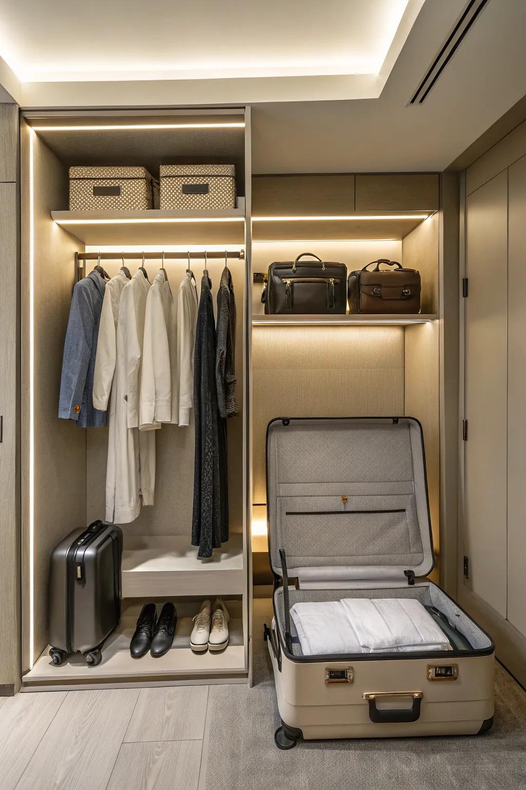 A dedicated luggage area keeps the wardrobe structured.