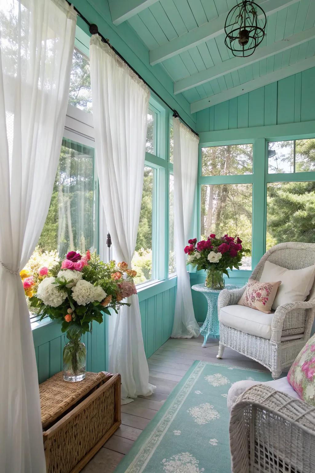 Sunroom with light sapphire walls, presenting a breezy and calming ambiance.