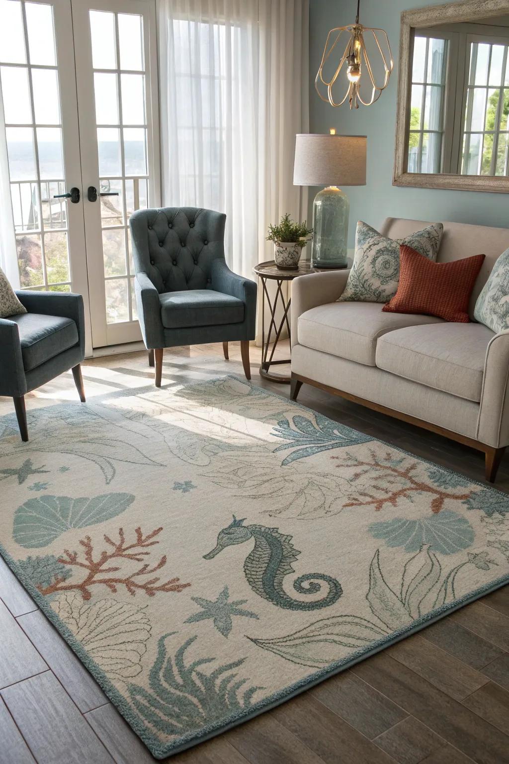 An aquatic-themed floor covering conveys water's essence underfoot.