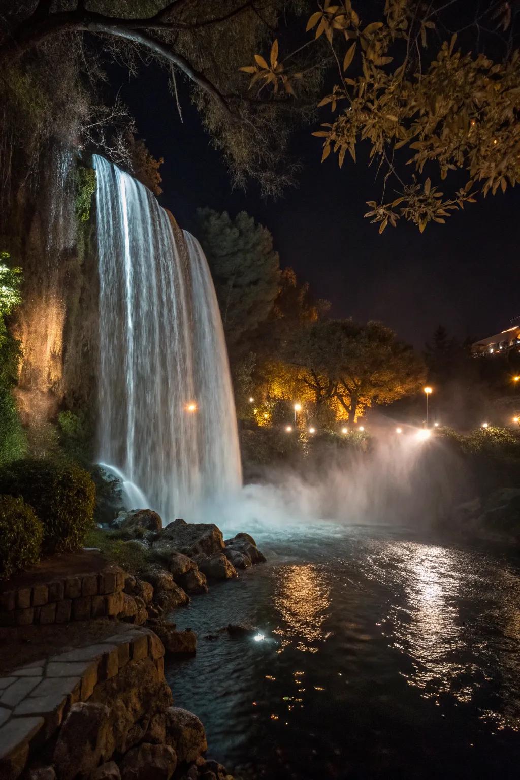 Underwater lighting changes a waterfall into a nighttime spectacle.