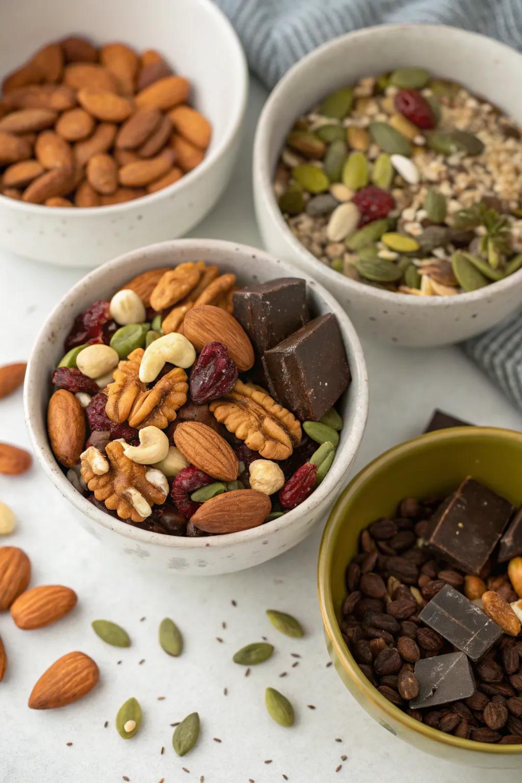 An amazing gourmet snack which features nuts, seeds, and chocolate.