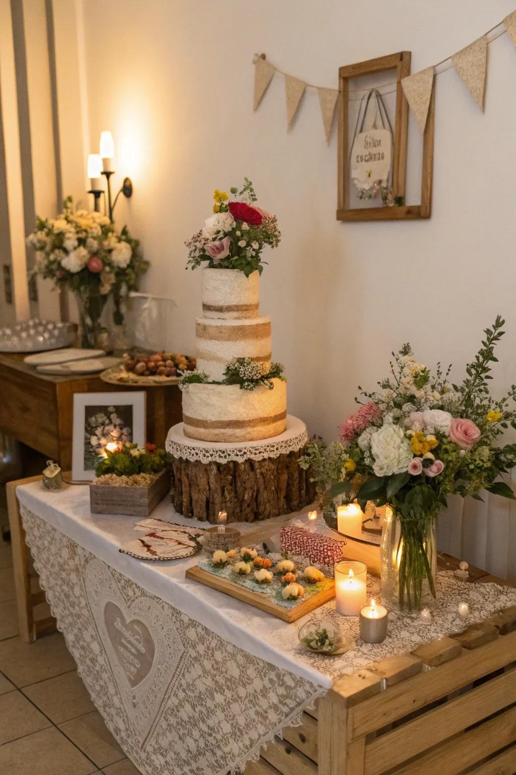 A DIY-decorated wedding cake table showcasing personal, handmade flourishes.