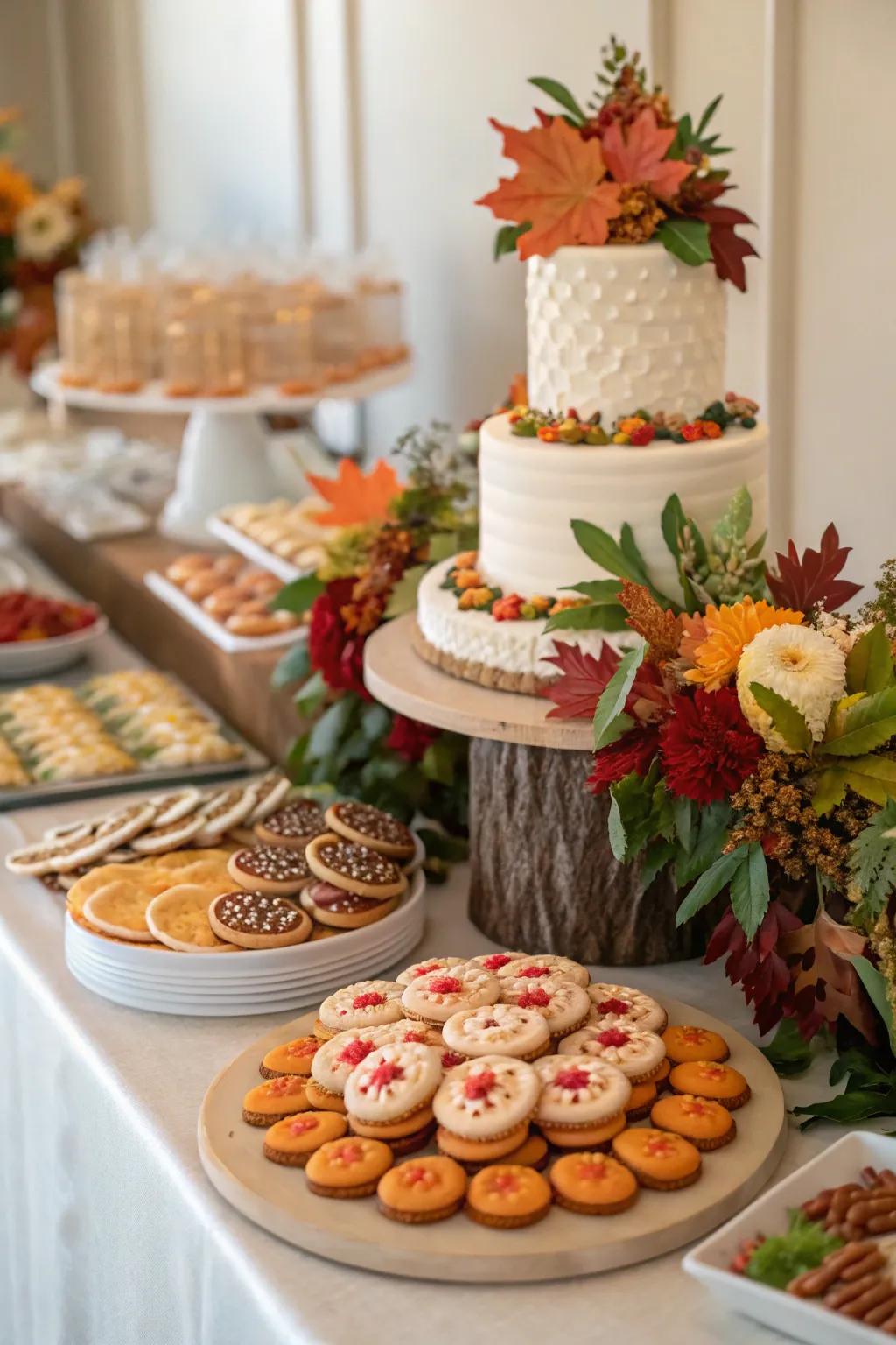 Seasonal decorations introduce a timely element to a wedding cookie display.