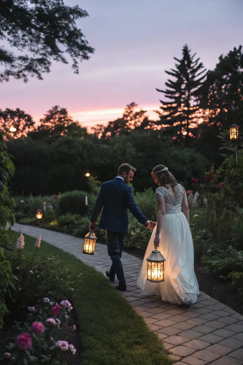 A lantern procession creates a serene and traditional entrance.
