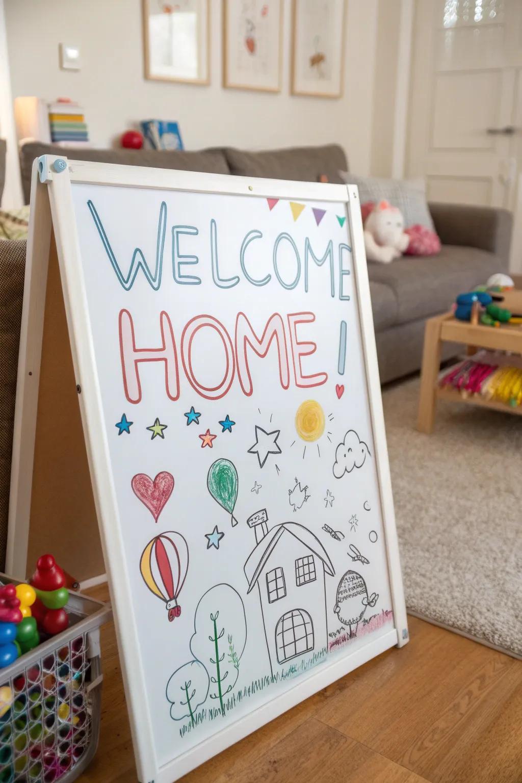 Playful illustrations generating a family-oriented welcome on a board.