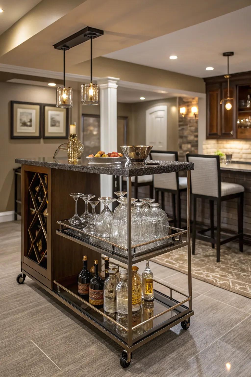 A built-in bar cart offers mobility and style, enhancing your entertaining experience.