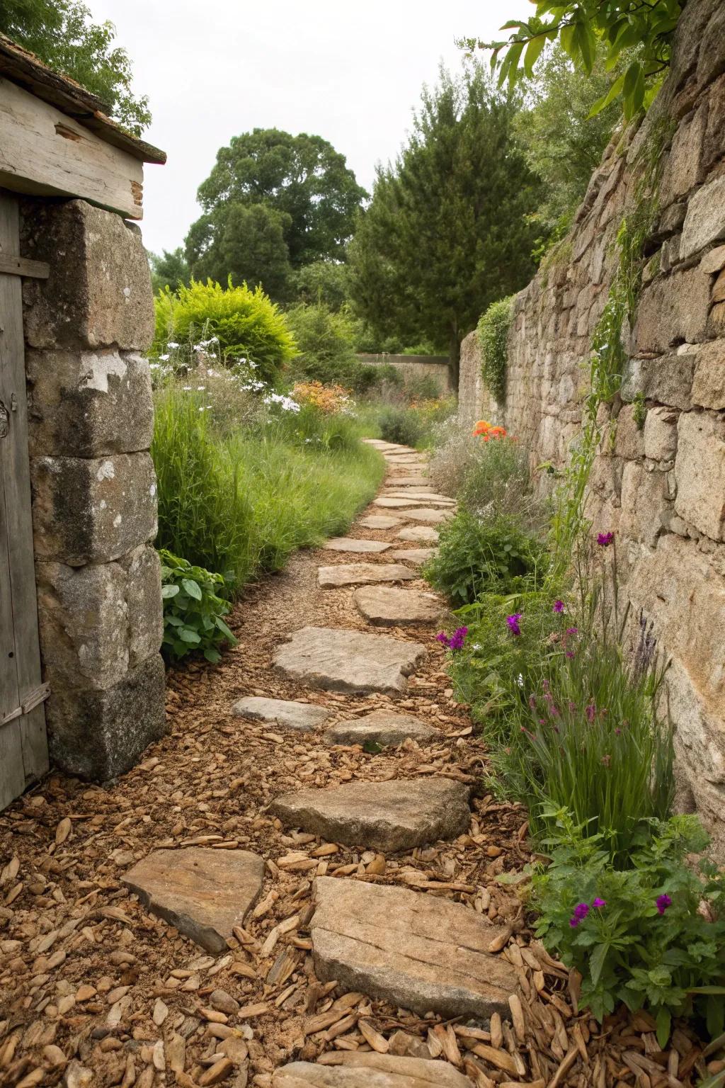 Wood shavings furnish a simplistic and organic accent to flagstone paths.