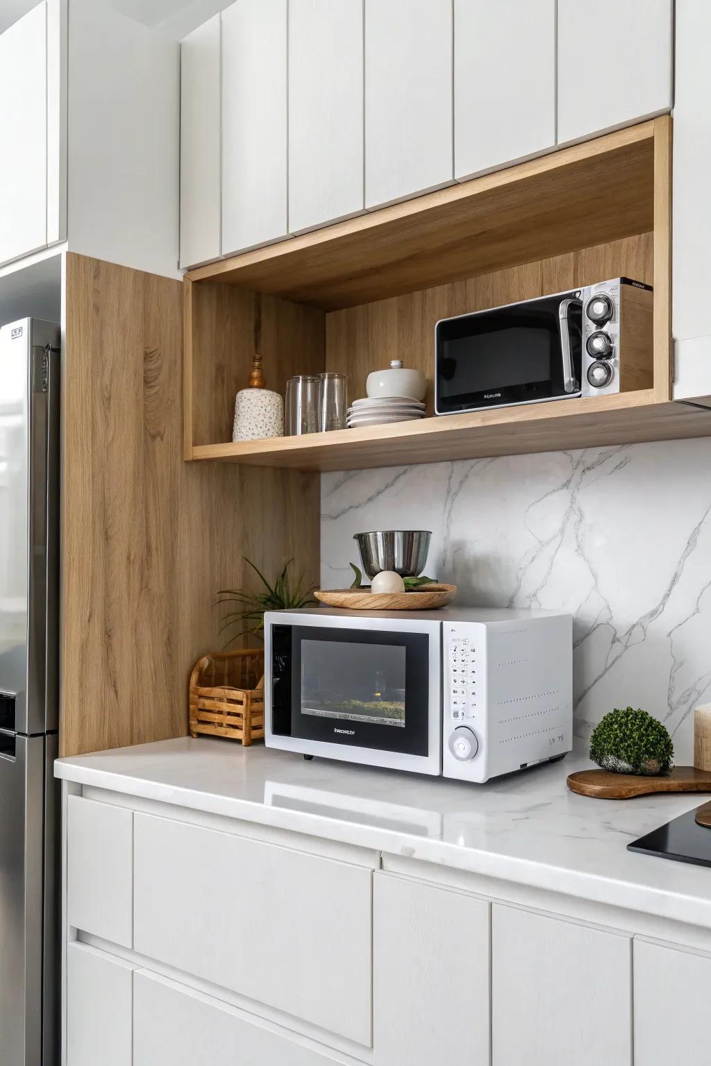 An open shelf microwave presents effortless access and enhances cooking area design.