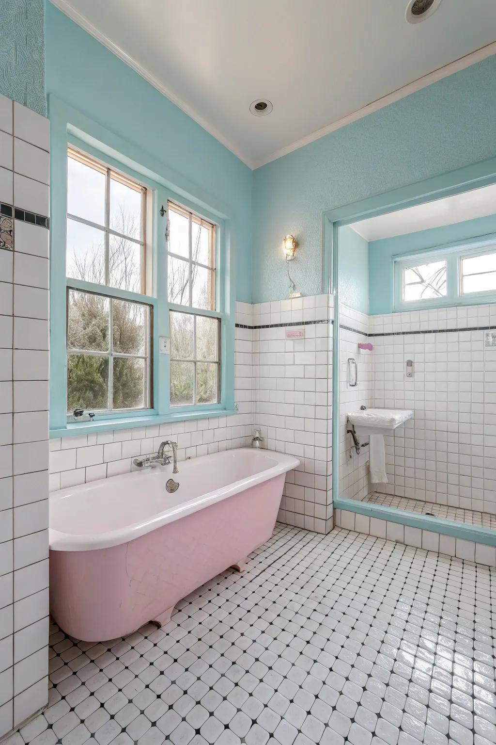 Pastel accents establish a soothing ambiance when paired with white tiles.