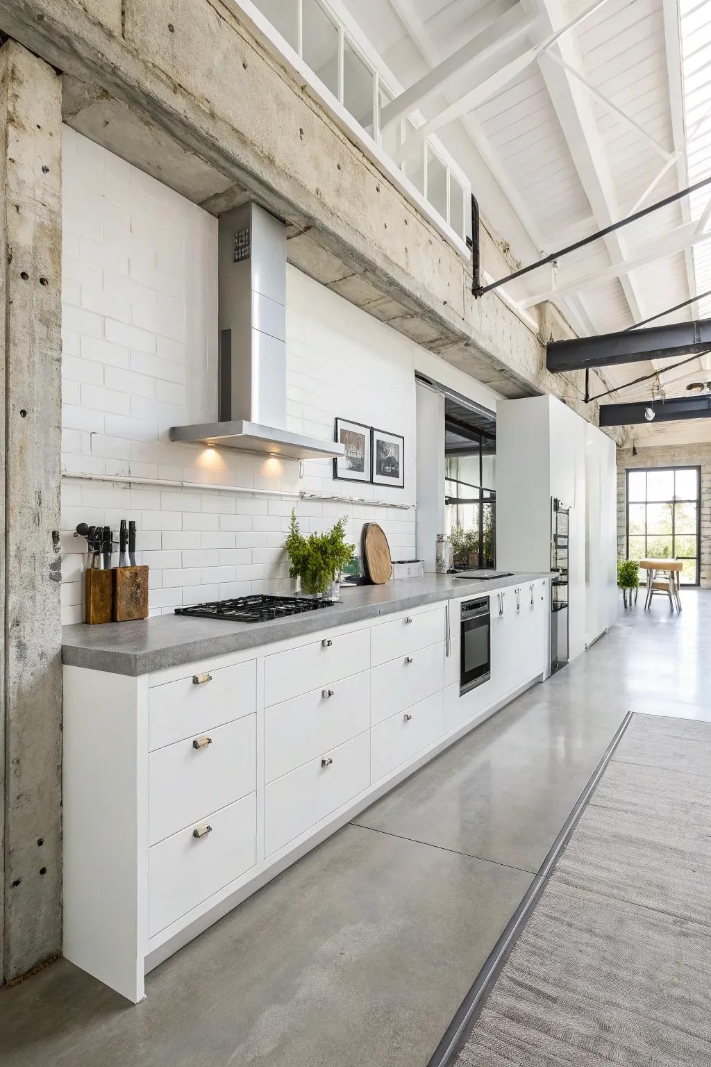 Unexpected materials like concrete lend the white kitchen an industrial chic atmosphere.
