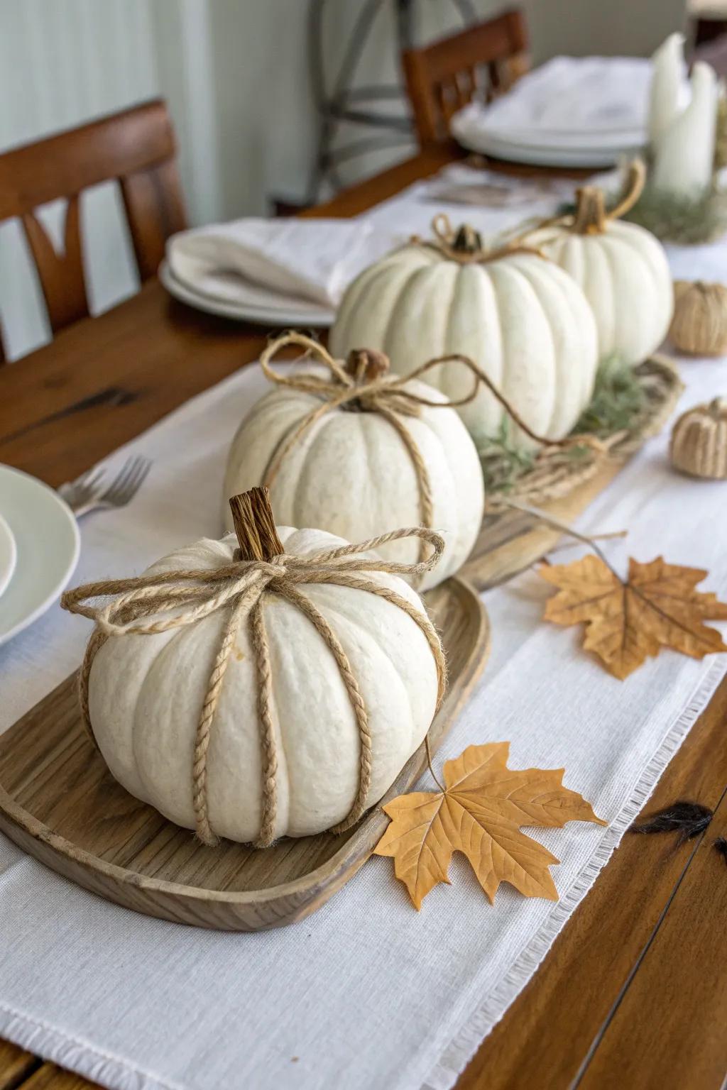 Twine-wrapped pumpkins for rustic elegance.