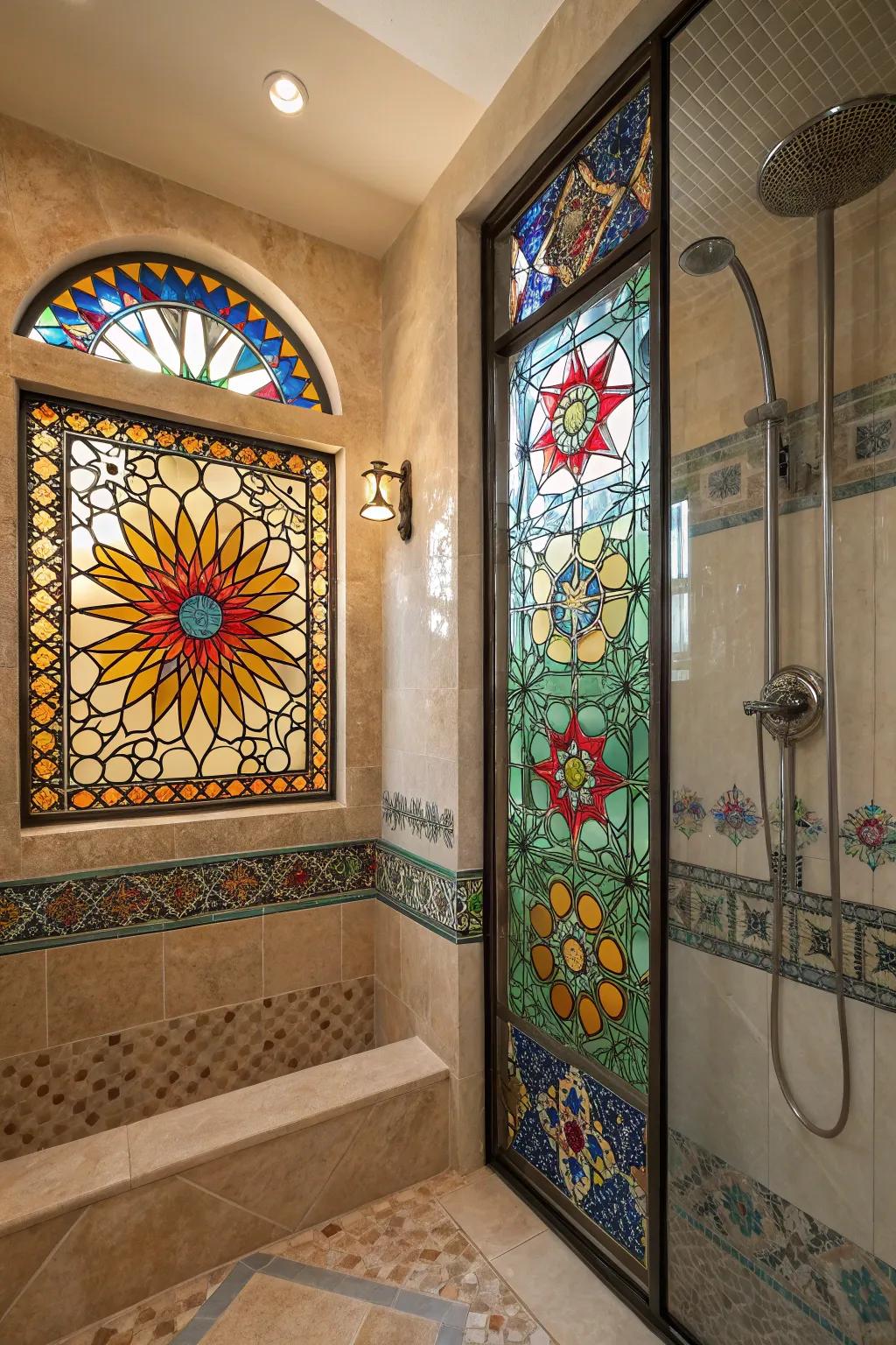 Mosaic glass brings vibrant colors and layouts to the shower window.