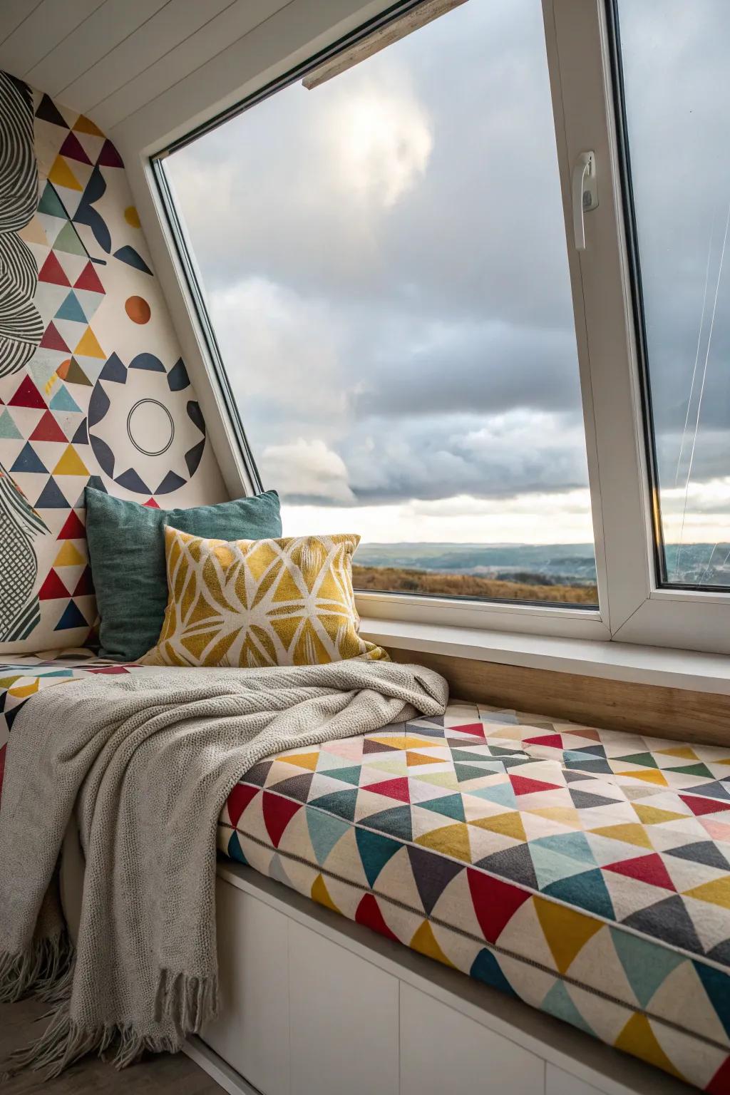 A window seat with geometric shapes that gives a contemporary and unique appearance.