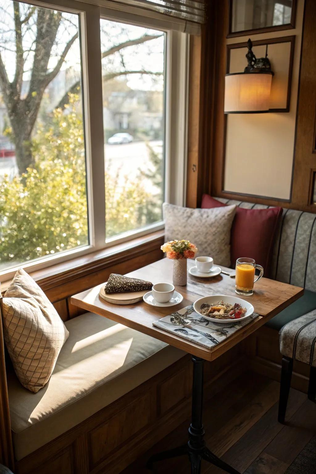 A breakfast nook by the window is a charming place for a quick meal.