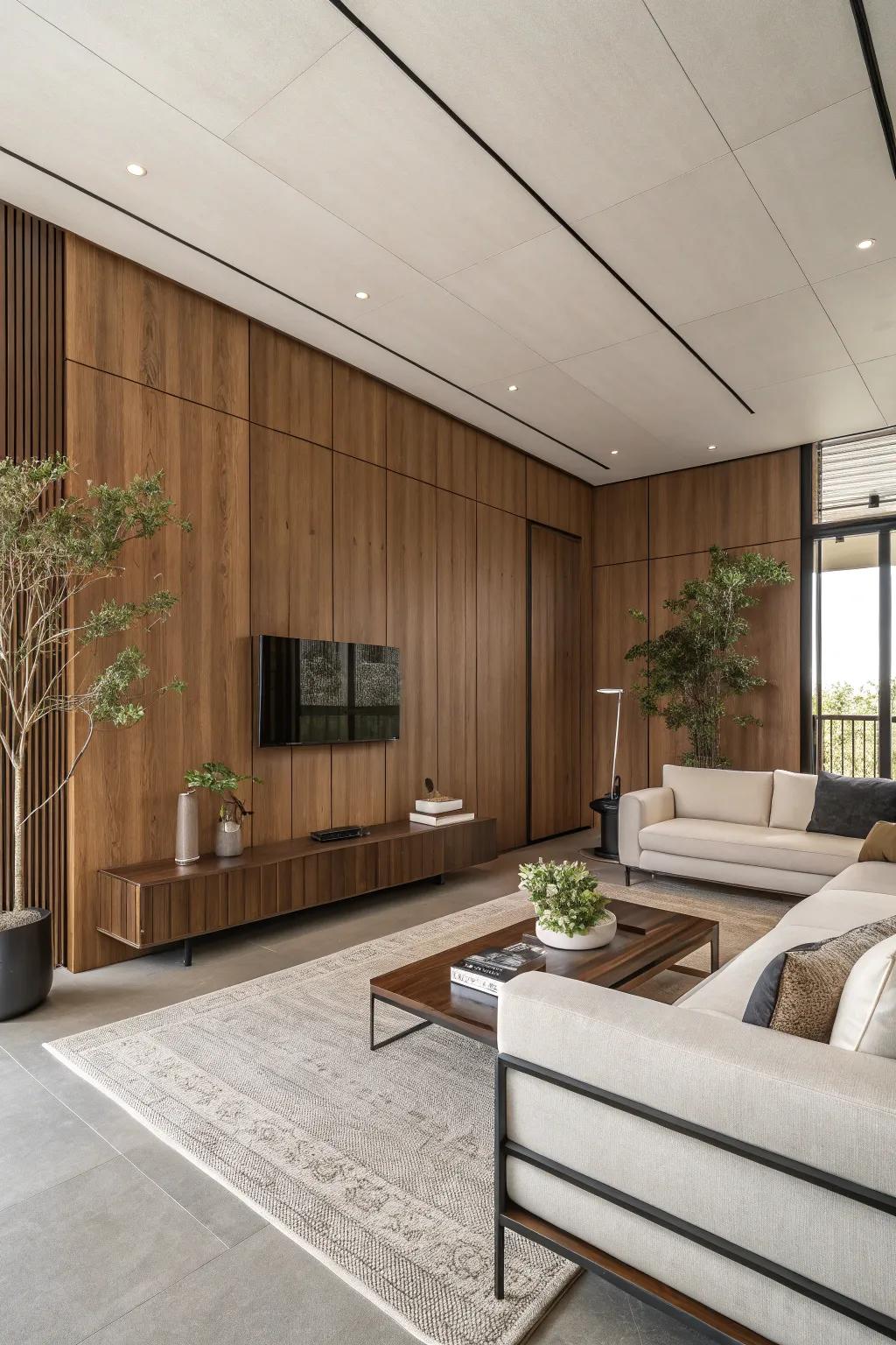 Sleek wood paneling enhances minimalist decor beautifully.