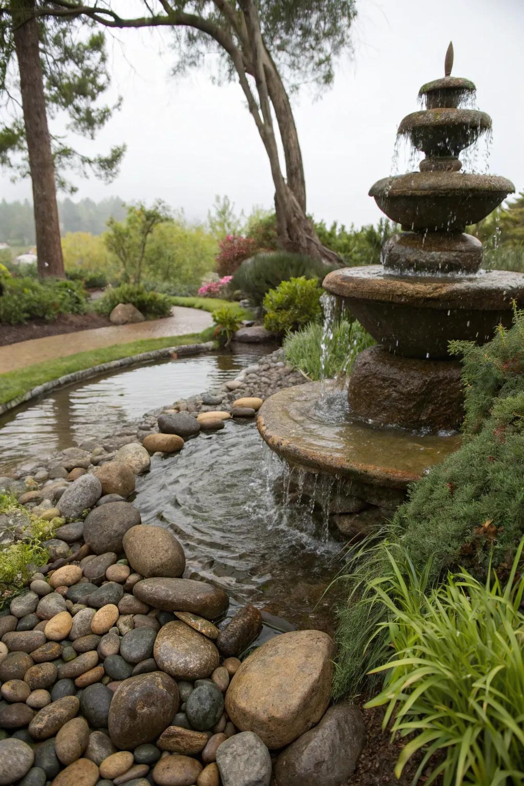 A pebble stream fountain replicating a natural and calming garden brook.