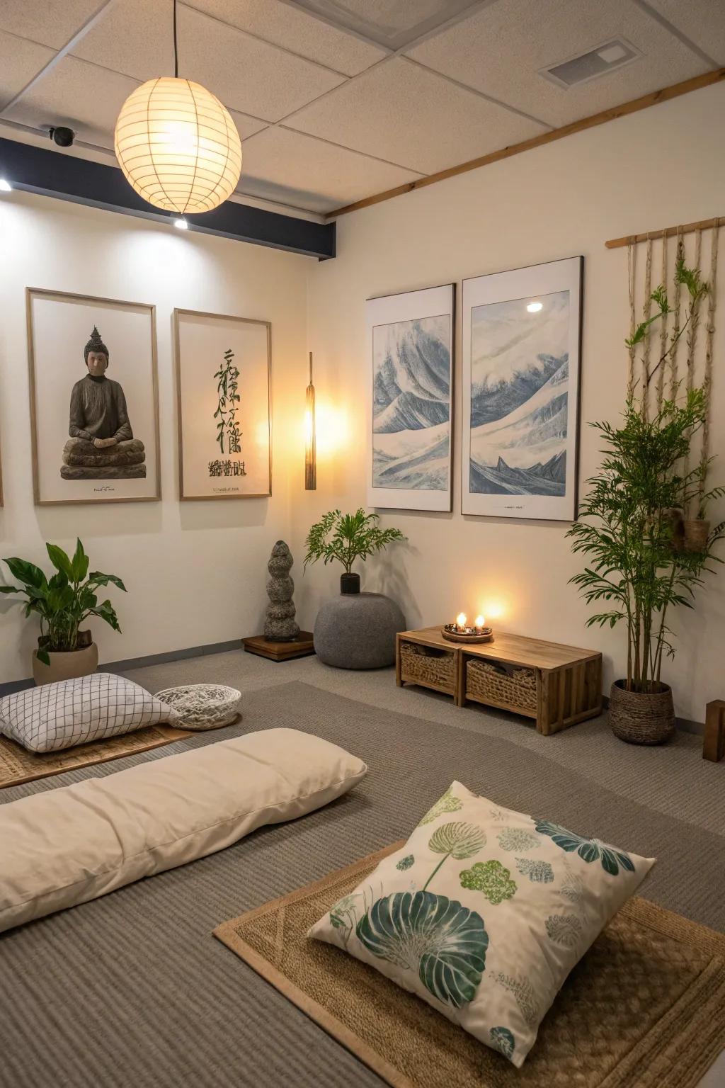 Artistic self-expression enhances the room's serenity and inspiration.