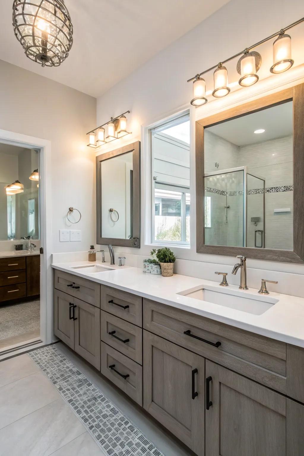 Arrangement of double sinks intended to radiate lavishness blended alongside practical benefits.