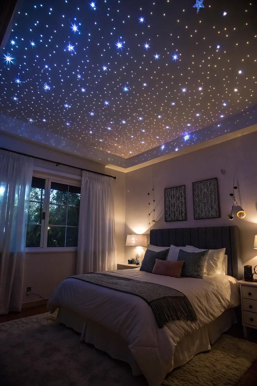 A celestial-inspired room featuring starry projection lights, crafting a dreamy night ambiance.