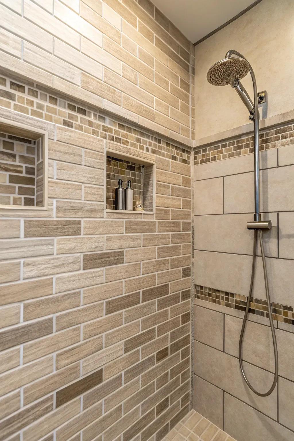 The offset brick arrangement imparts a traditional sensation to a contemporary shower.