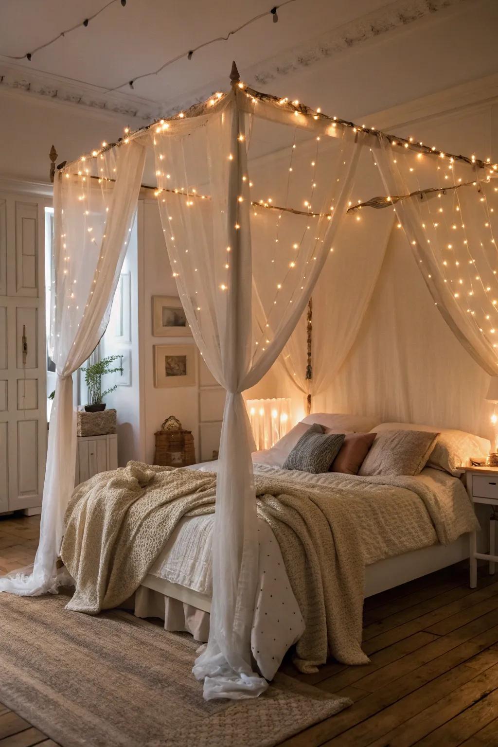 A whimsical arrangement with gentle lights on a canopy.