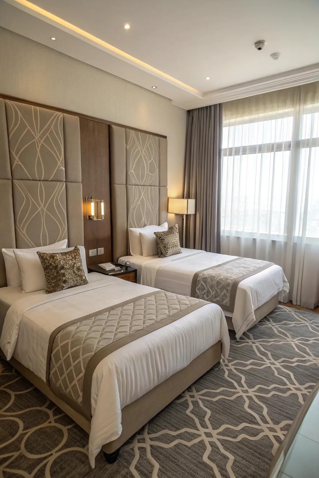 L-shaped beds create a unique and area-saving arrangement.