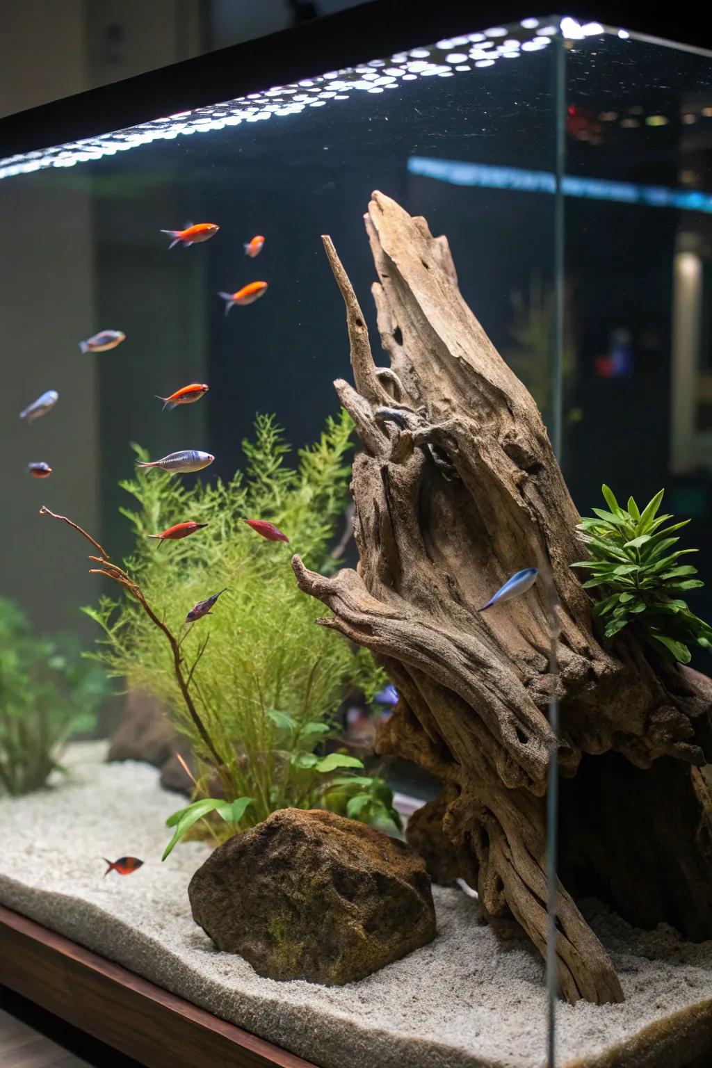 Wood accents add a rustic charm and natural shelters for fish.
