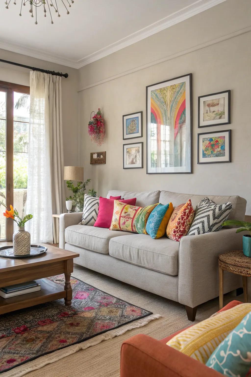 A balance of soft hues and striking accents creates a vibrant yet harmonious space.