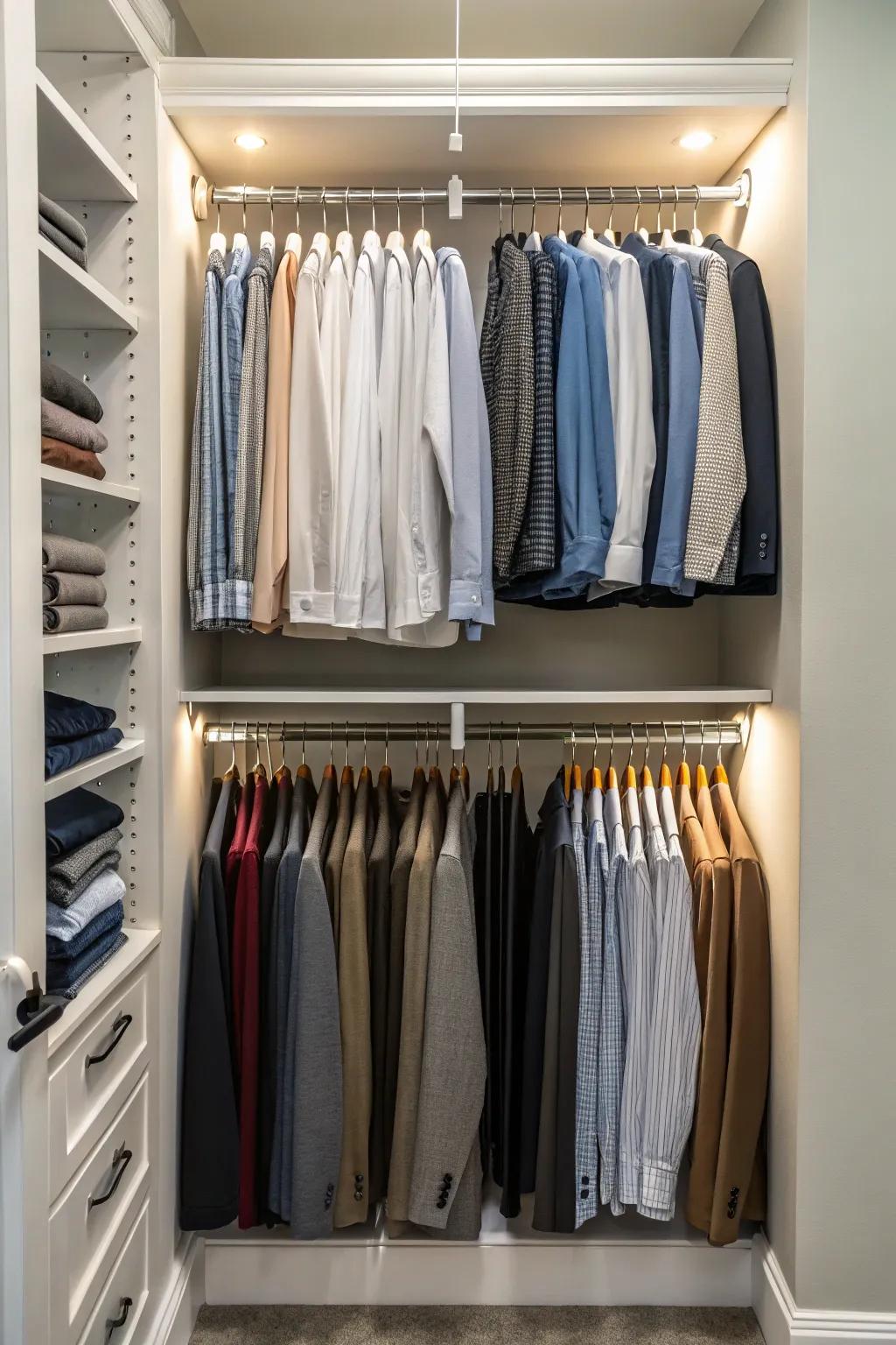 Double the space by using double hanging rods.