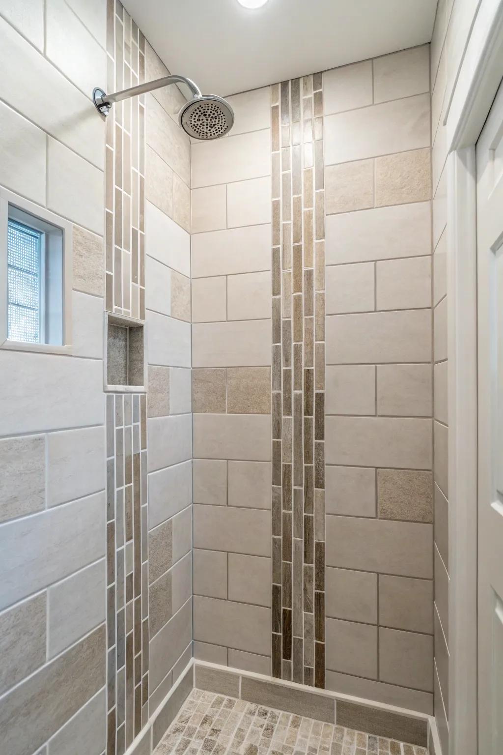 Vertical tiling elongates the walls, thereby adding perceived height and sophistication within a confined shower.