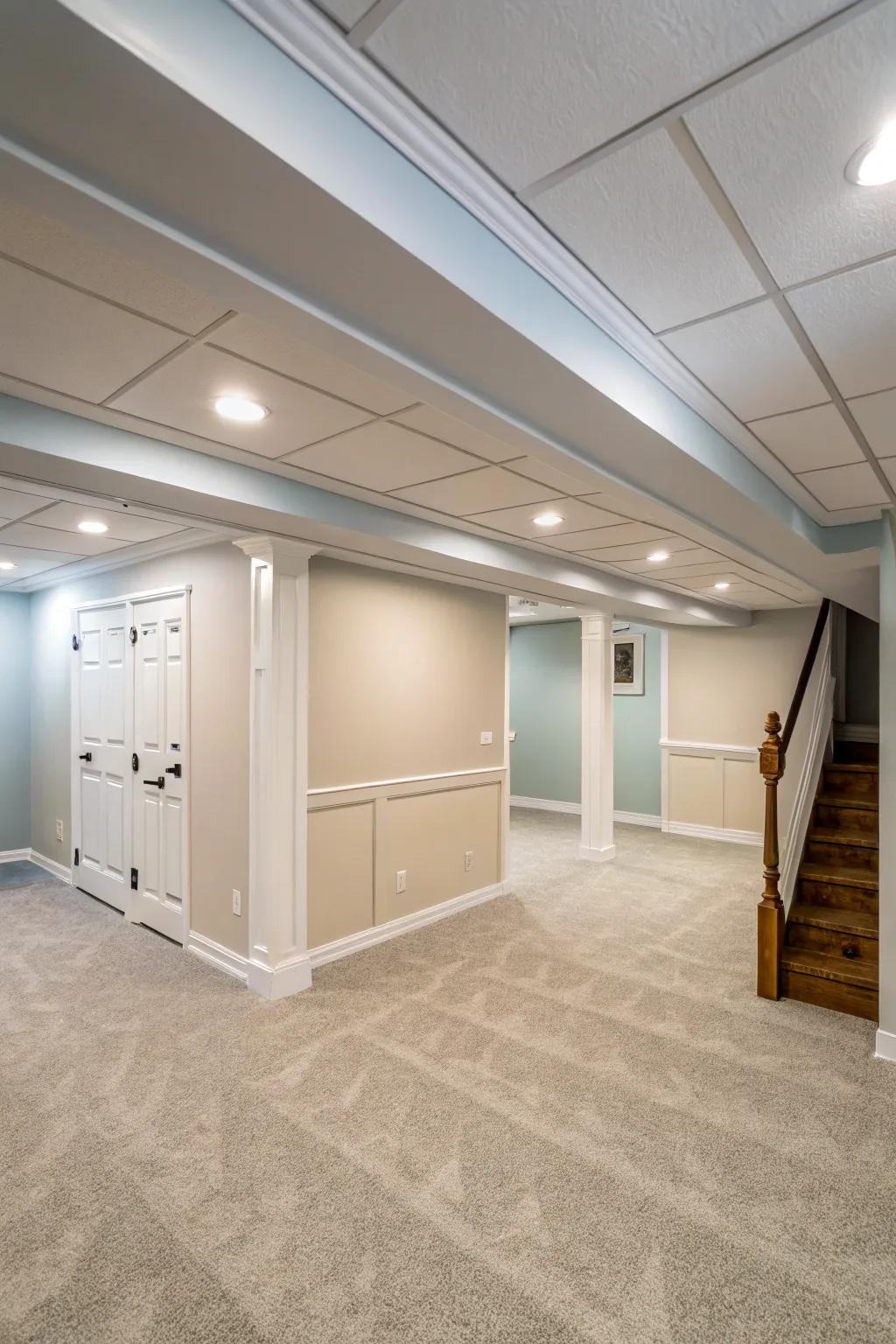 Light shades can visually lift your basement ceiling.