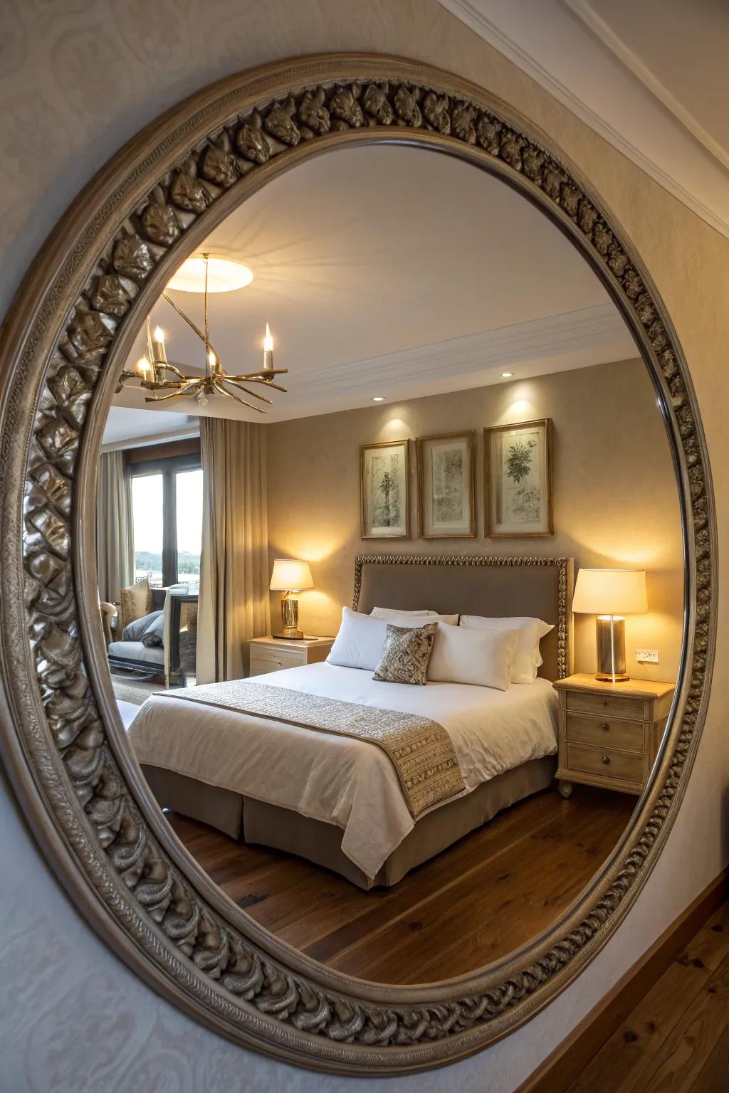 A fashionable circular mirror improves light and space above the bed.