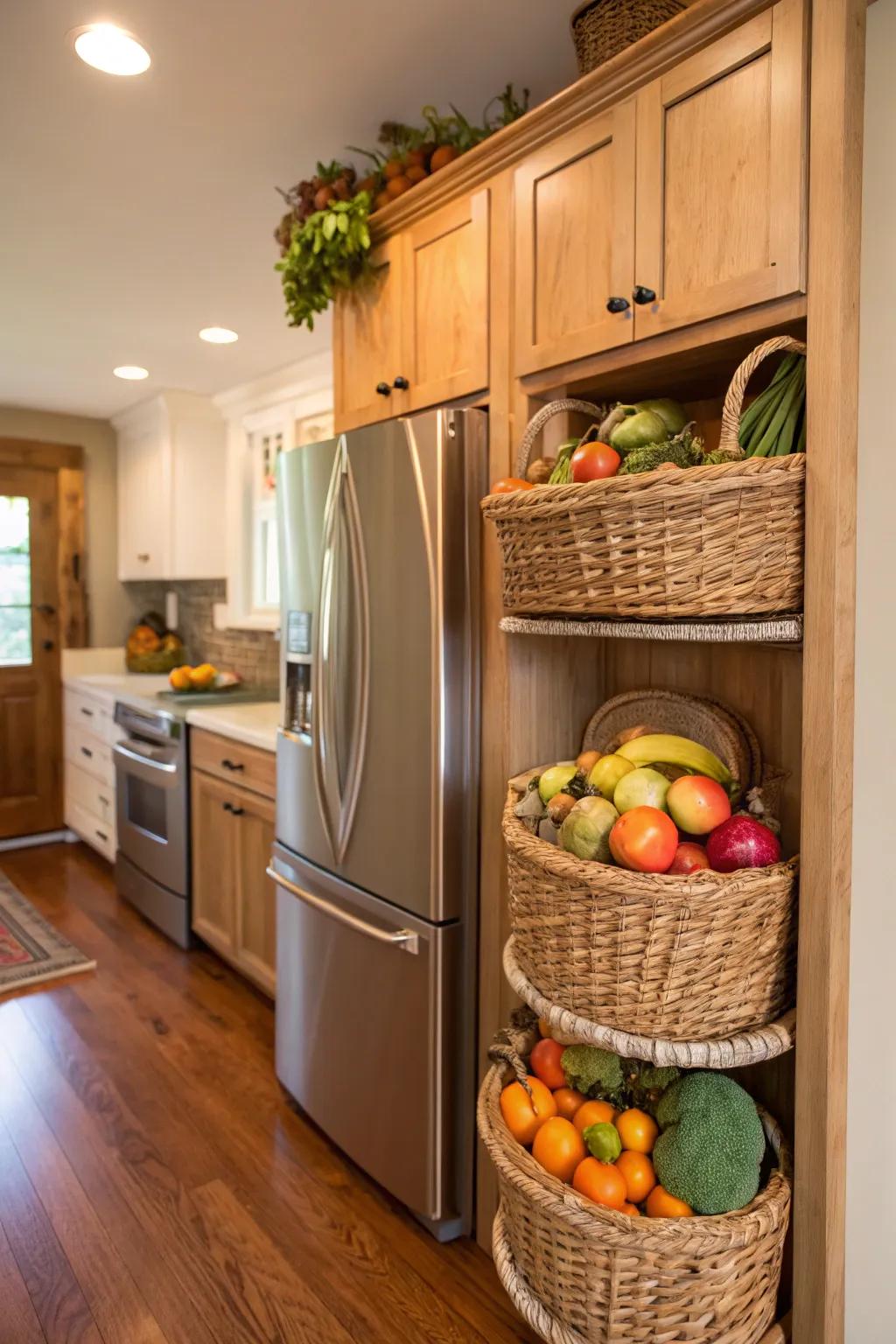 Decorative baskets provide an attractive and handy storage option.
