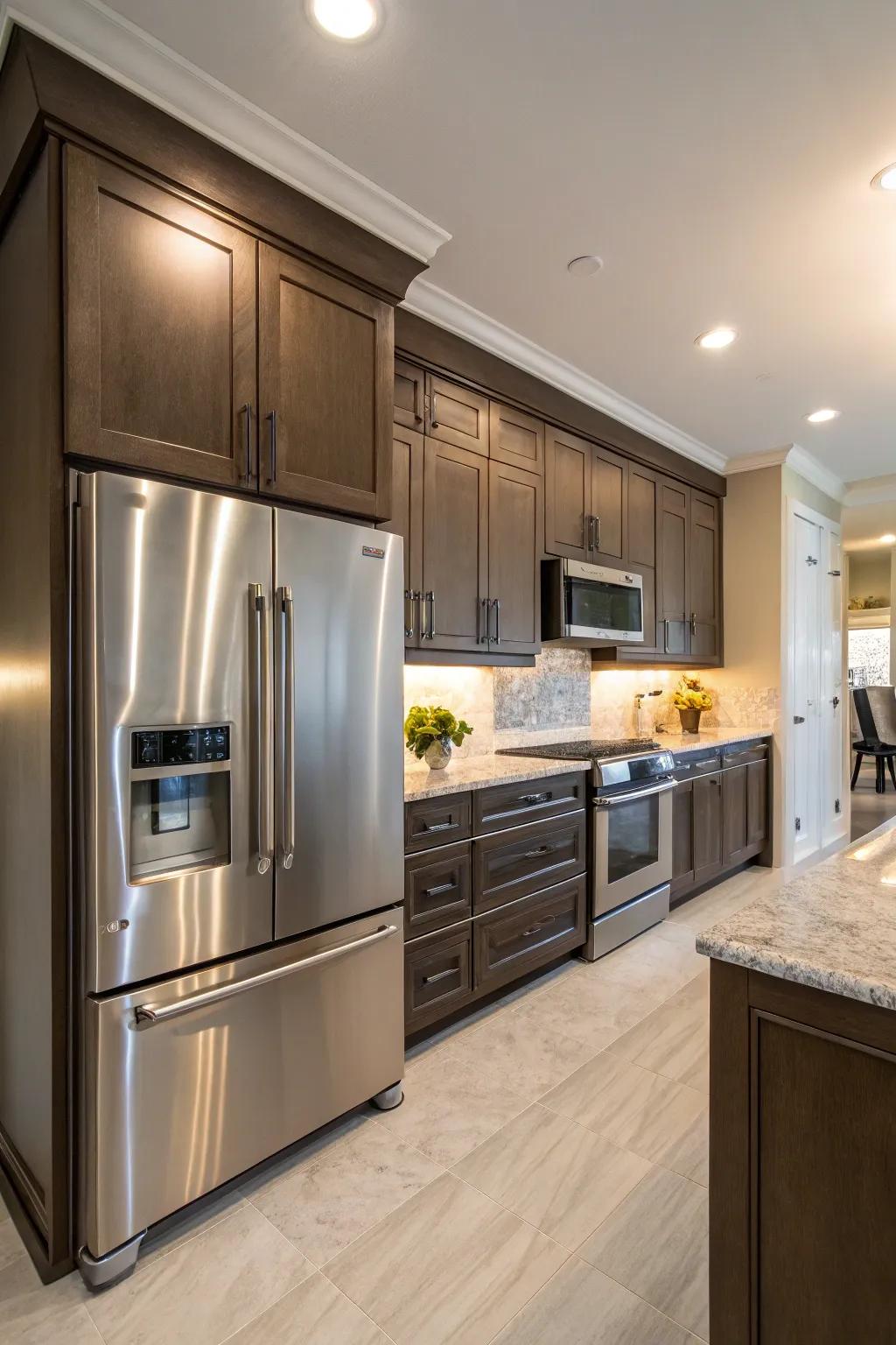 Above-fridge cabinetry to establish a cohesive kitchen aesthetic.