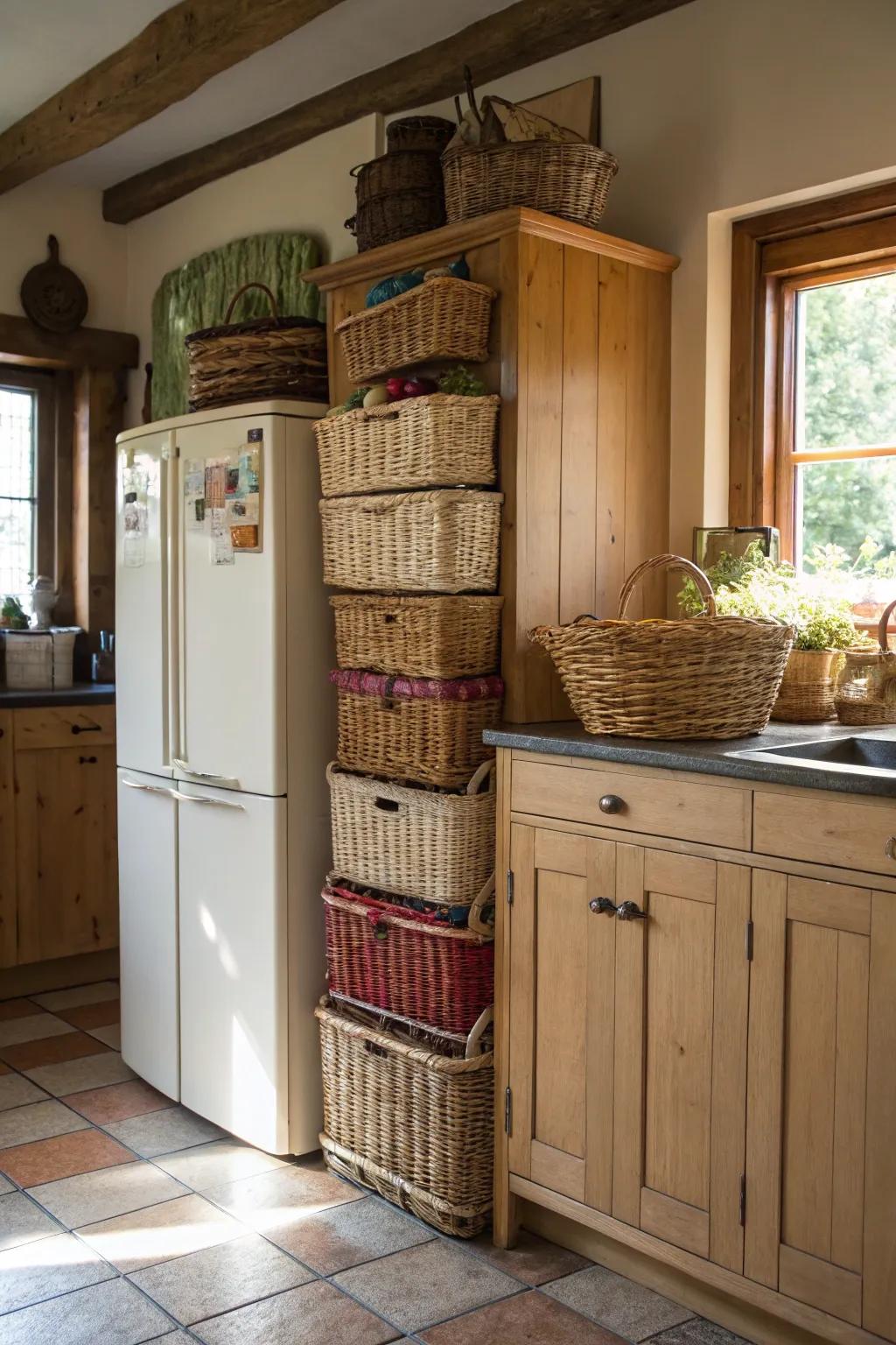 Woven baskets add a stylish way to store things above your fridge.