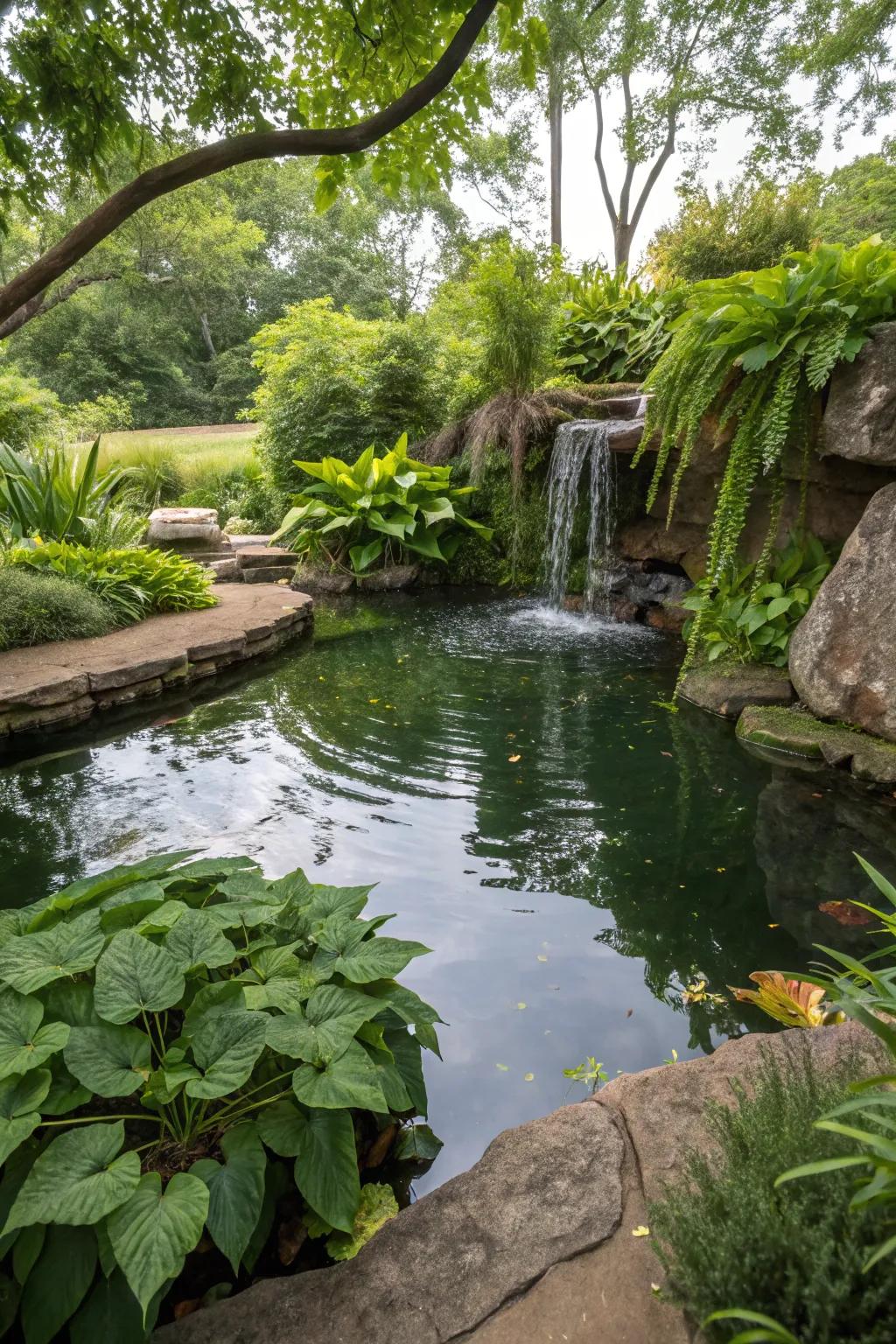 Thriving greenery elevates the natural essence of this above-ground pond, complete with a gentle cascade.