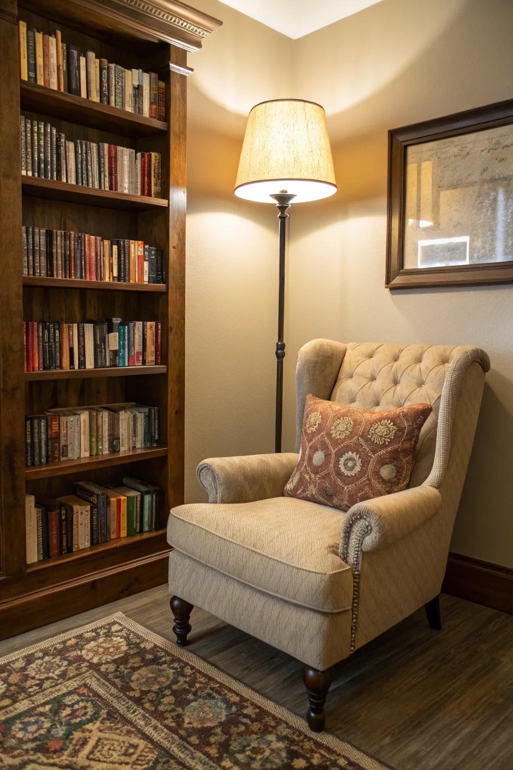 A reading place with a soft armchair and a bookshelf creates a lovely getaway.