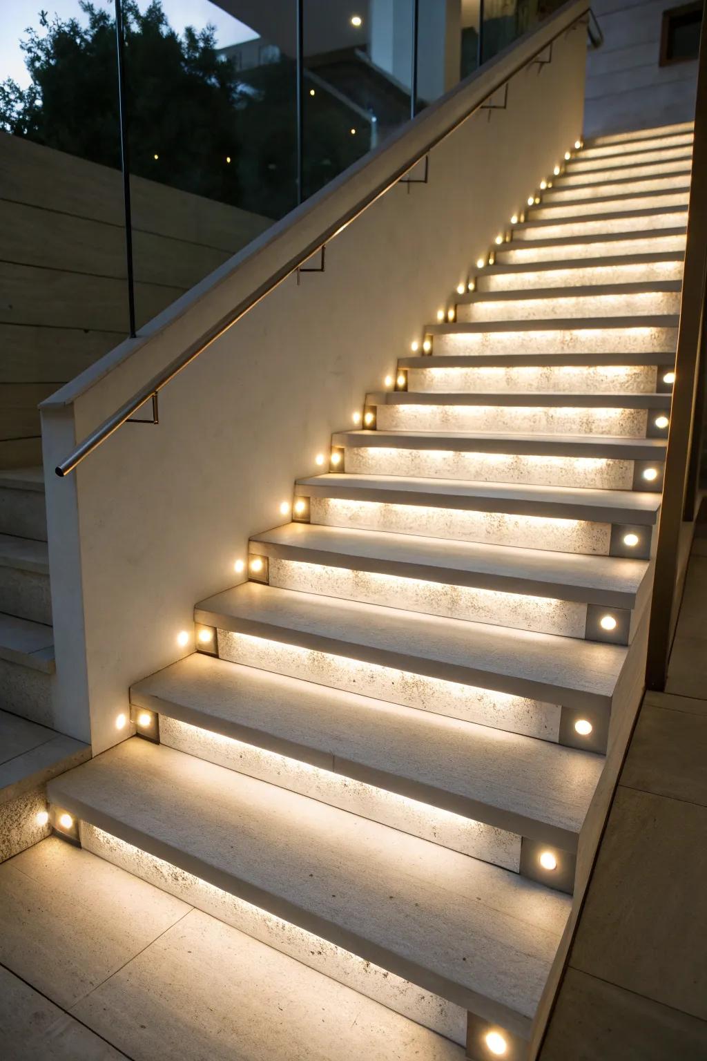 Integrated lighting enhances both beauty and safety on staircases.