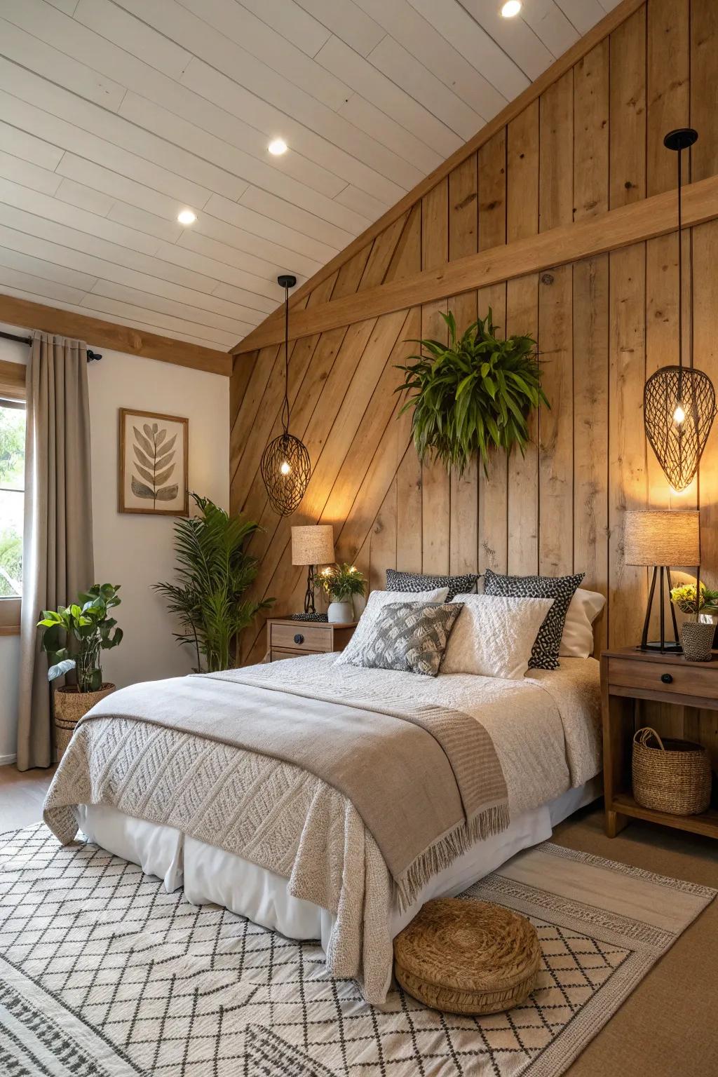 Wood paneling infuses nature and warmth into this peaceful bedroom environment.