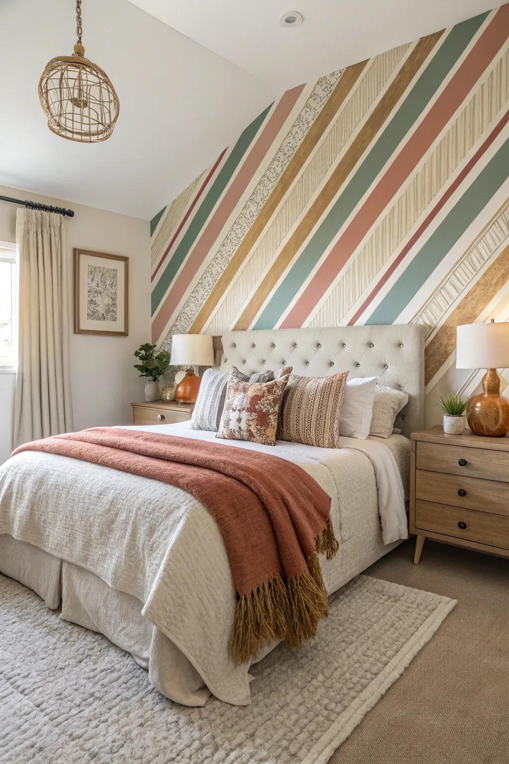A bedroom enhanced by a striking banded accent wall.