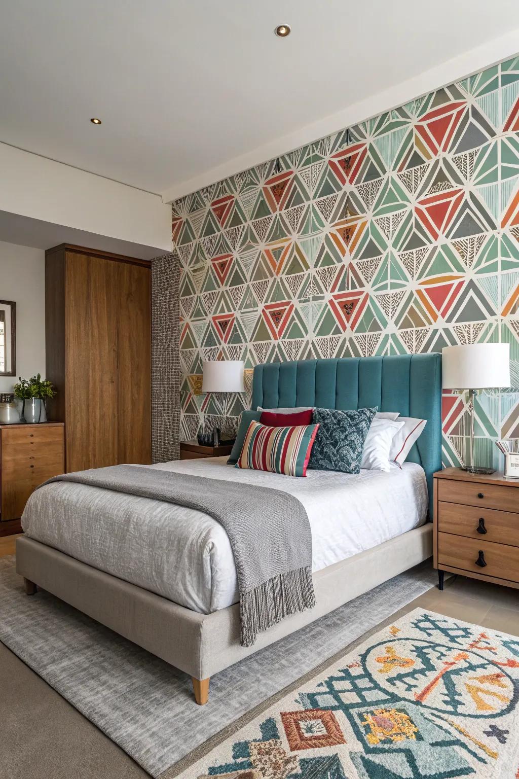 Geometric wallpaper makes a bold statement in a modern bedroom.