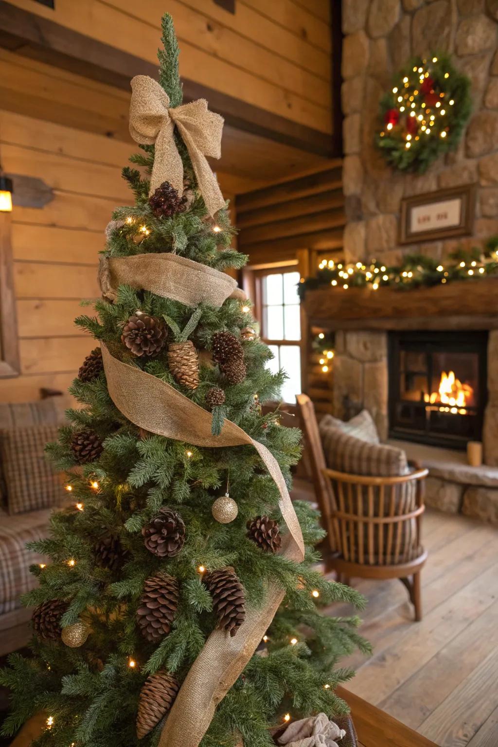 A rustic Christmas tree ornamented with elements from nature for a warm cabin ambiance.