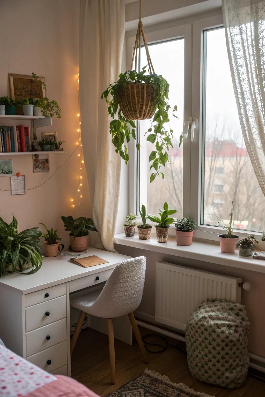 Plants introducing liveliness and vibrancy to a charming room.