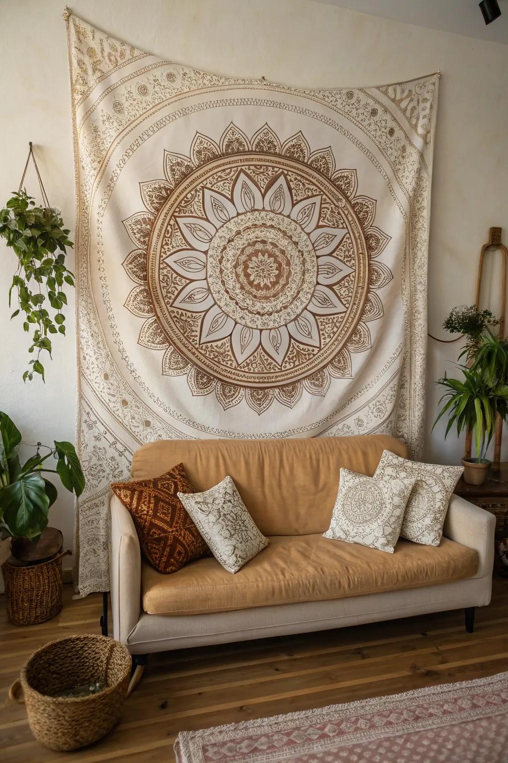 Bohemian mandala tapestries add a meditative charm.