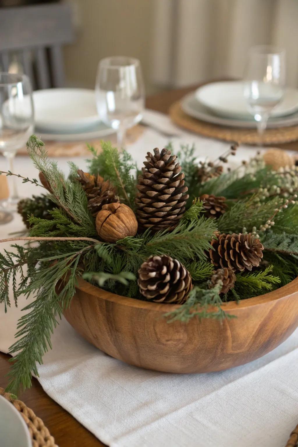A natural winter centerpiece composed of fresh-cut greens and cones